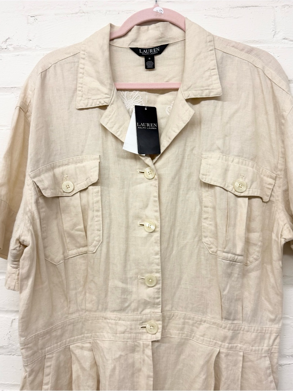 NWT Lauren Ralph Lauren Tan Embroidered Linen Short-Sleeve Jumpsuit Size 16 - Picture 4 of 10